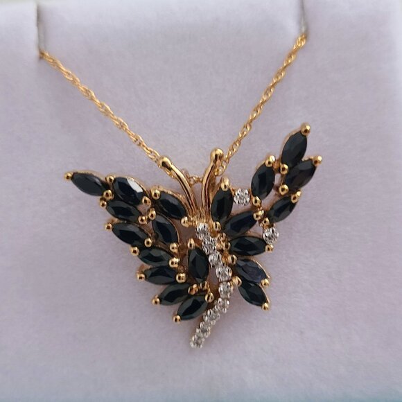 Genuine Midnight Sapphire and Diamond Butterfly Pendant - Picture 5 of 7